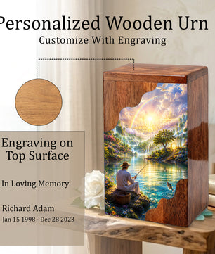 Fishing in Heaven Wooden Cremation Urn – Heavenly Fishing Memorial Urn for Human Ashes