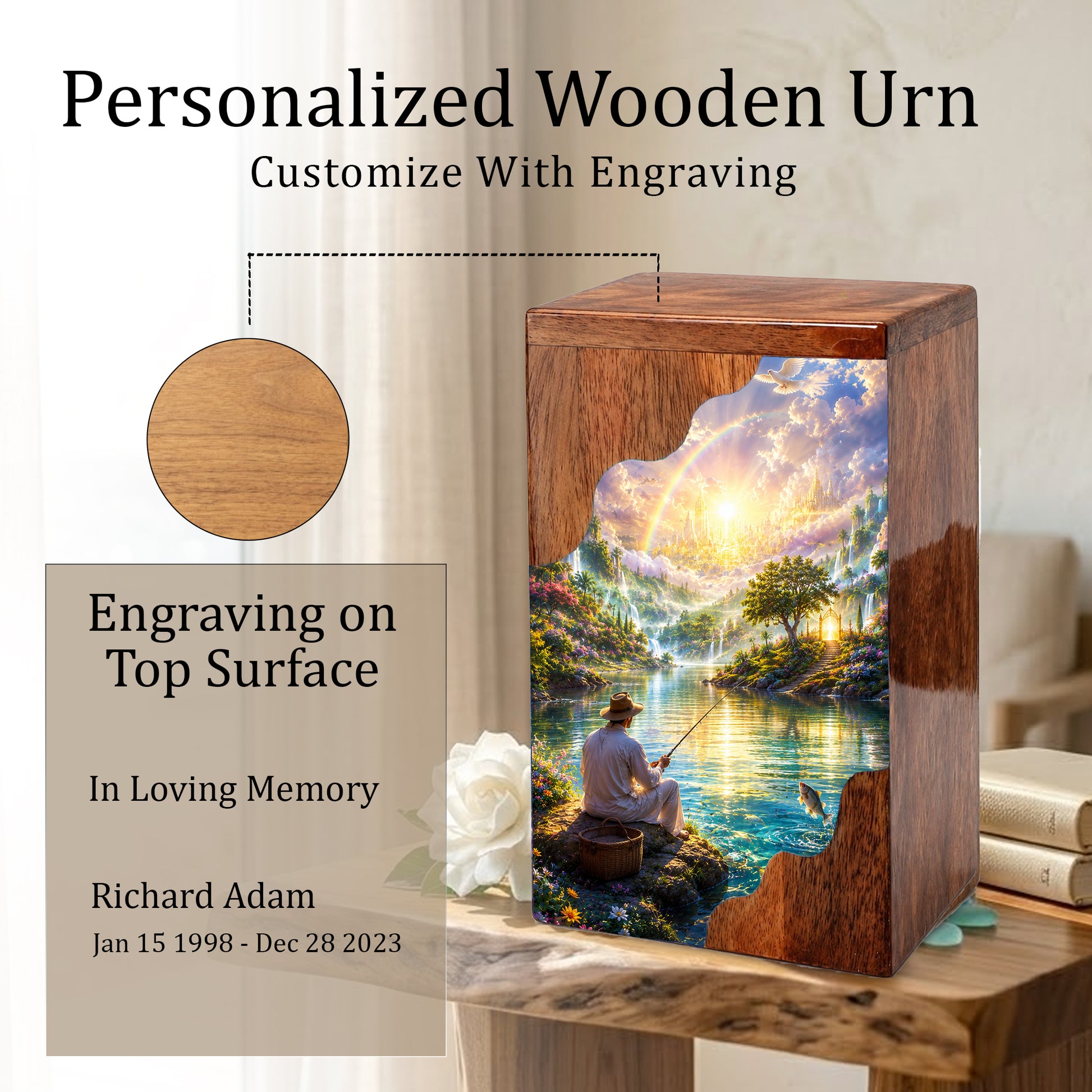 Fishing in Heaven Wooden Cremation Urn – Heavenly Fishing Memorial Urn for Human Ashes