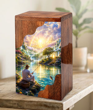 Fishing in Heaven Wooden Cremation Urn – Heavenly Fishing Memorial Urn for Human Ashes