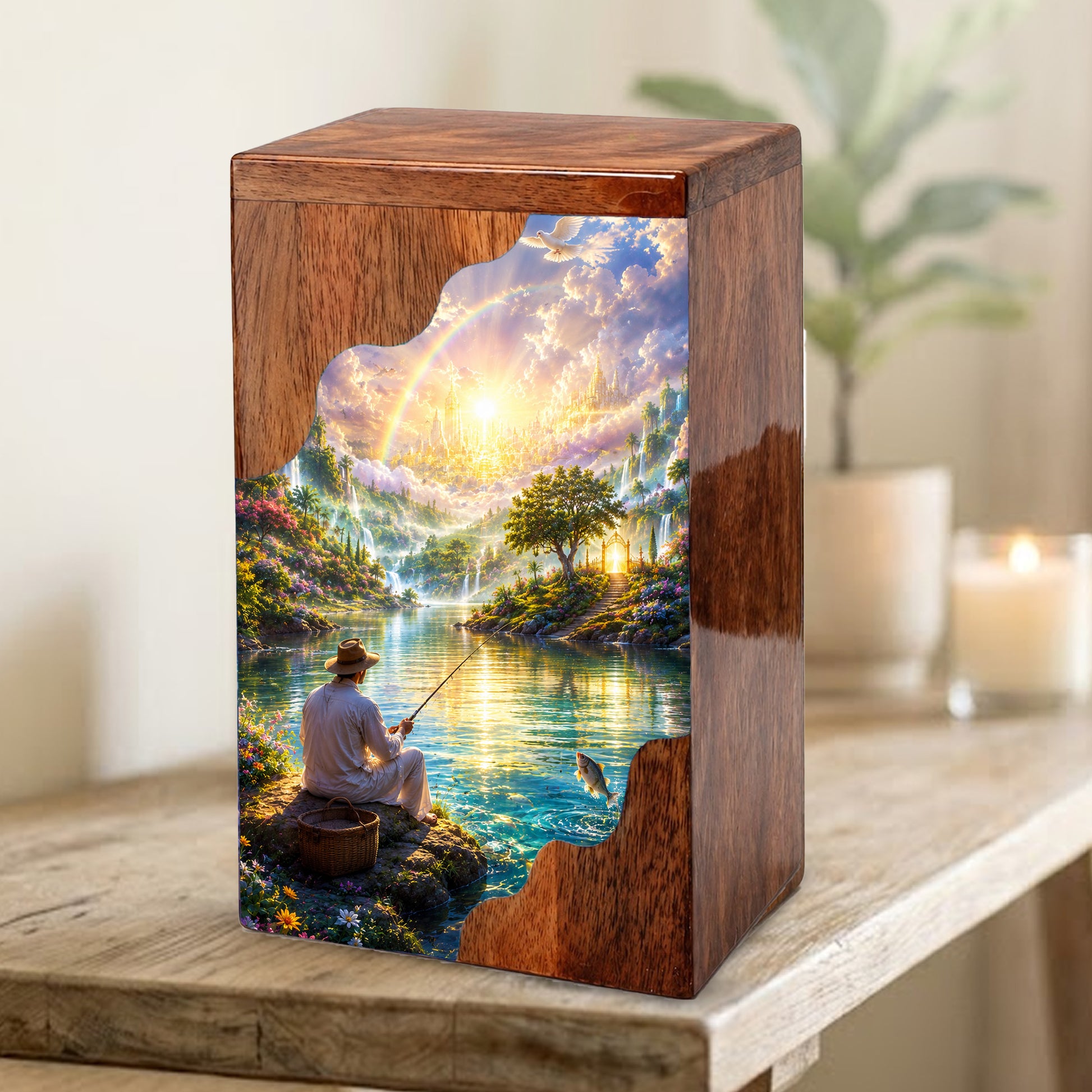 Fishing in Heaven Wooden Cremation Urn – Heavenly Fishing Memorial Urn for Human Ashes