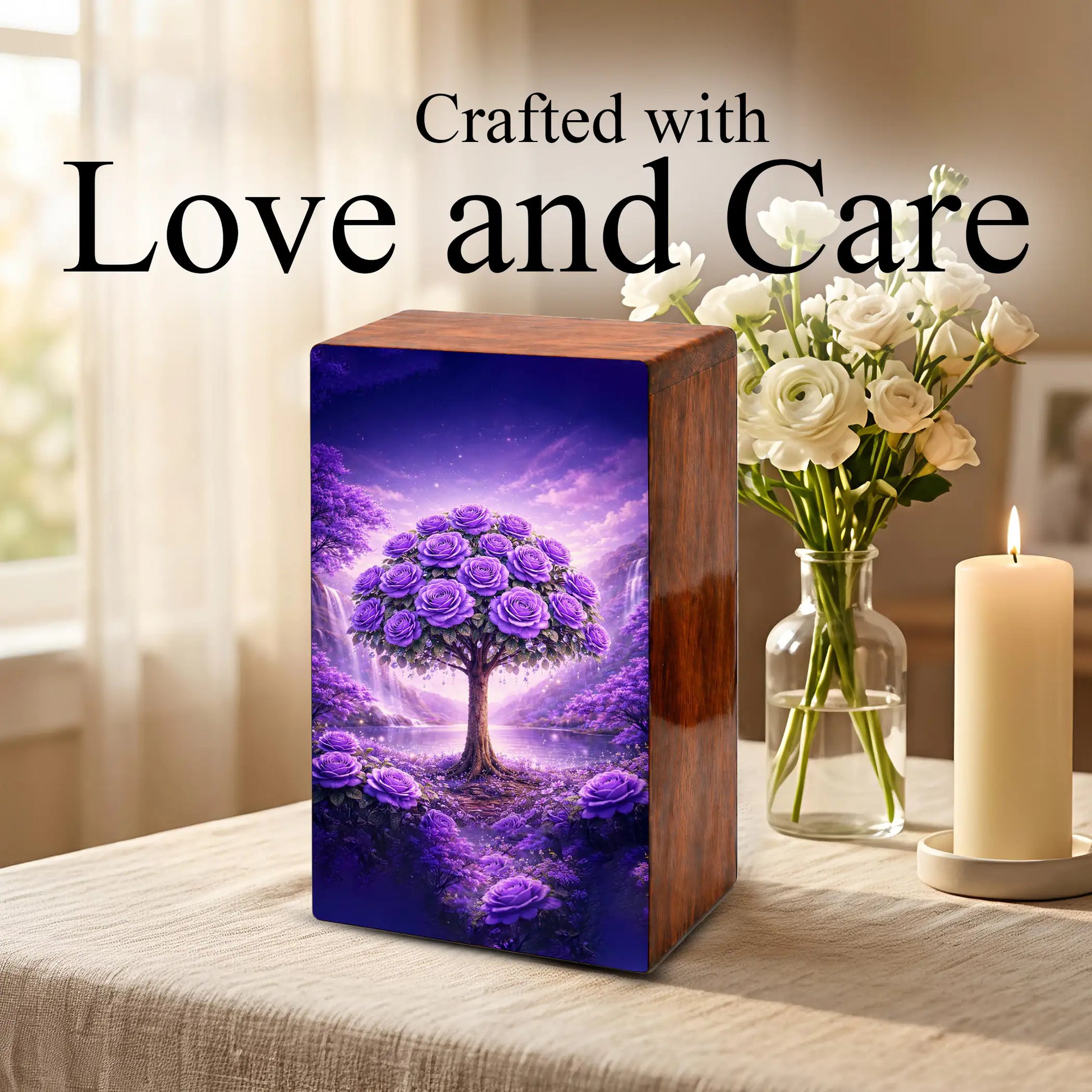 Purple Rose Flower Urn for Human Ashes - Floral Tree Memorial Keepsake Urn Box