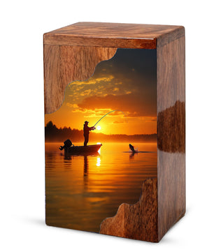 Fishing Cremation Urn – Custom Wooden Urn for Dad, Gone Fishing Memorial Urn for Ashes