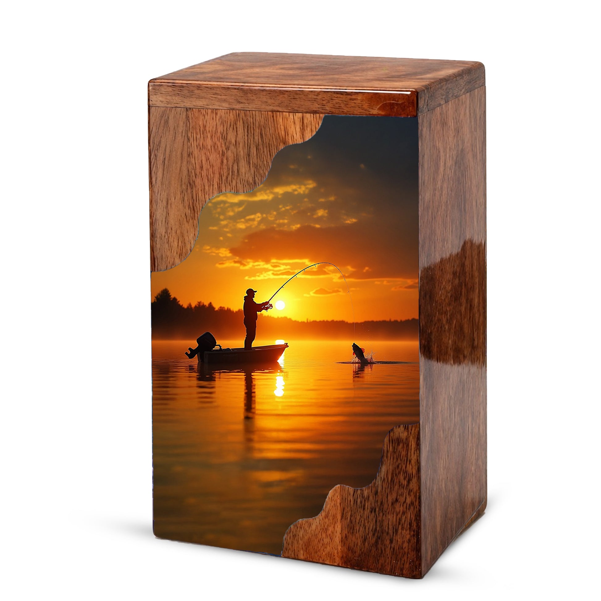 Fishing Cremation Urn – Custom Wooden Urn for Dad, Gone Fishing Memorial Urn for Ashes