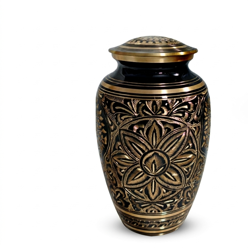 Flower Ground Burial Urns For Ashes - Hand Engraved Floral Brass Urn For Cremation