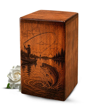 Gone Fishing Wooden Urn For Dad Ashes – Personalized Fisherman Cremation Keepsake Urn Box