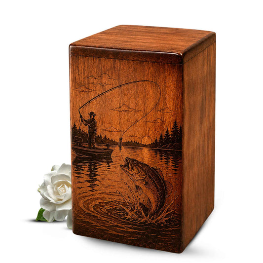 Gone Fishing Wooden Urn For Dad Ashes – Personalized Fisherman Cremation Keepsake Urn Box