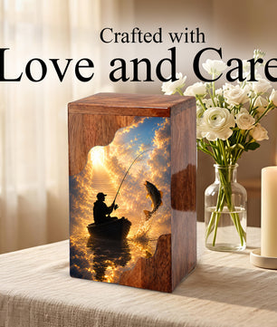 Fishing in Heaven Wooden Cremation Urn – Personalized Memorial Urn for Human Ashes