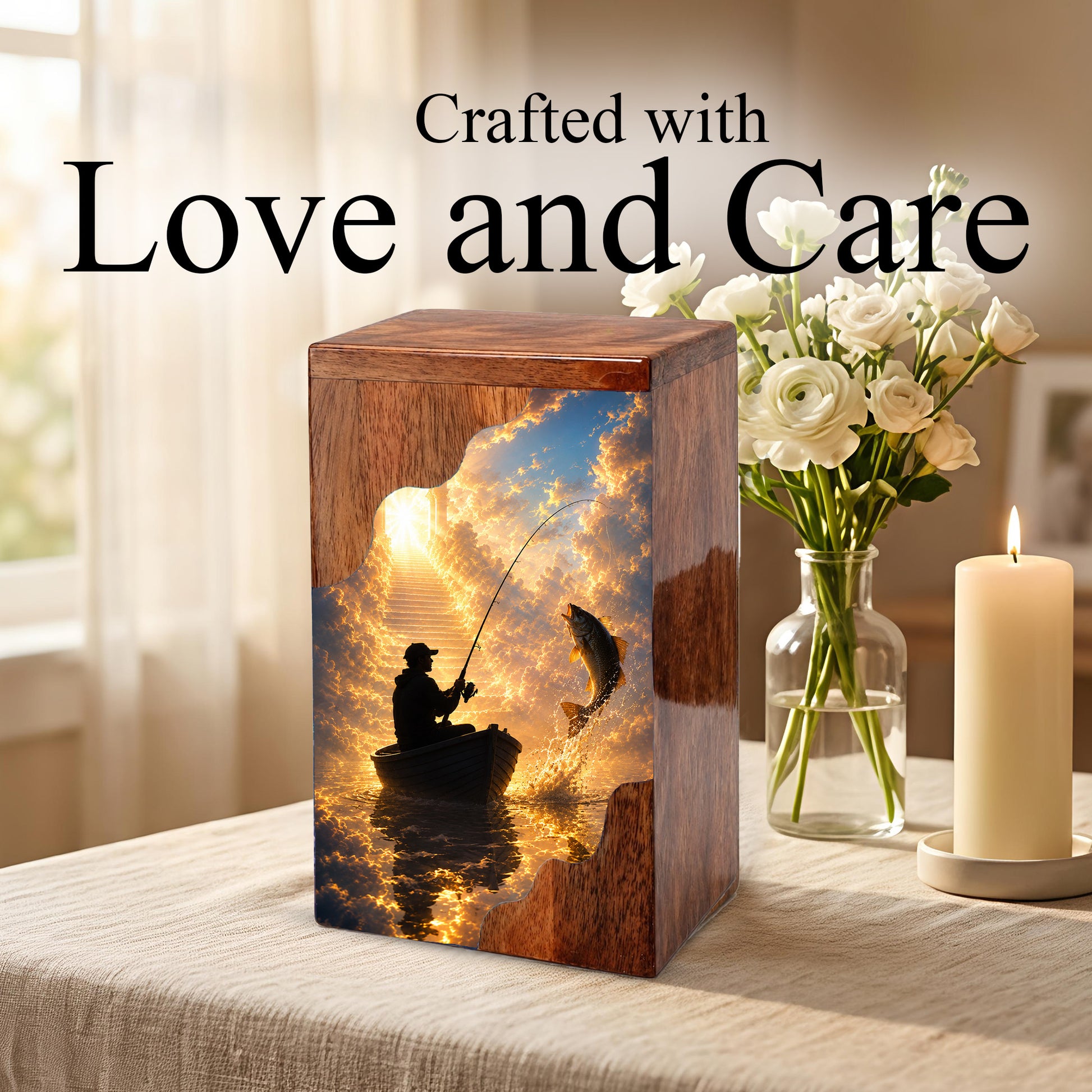 Fishing in Heaven Wooden Cremation Urn – Personalized Memorial Urn for Human Ashes