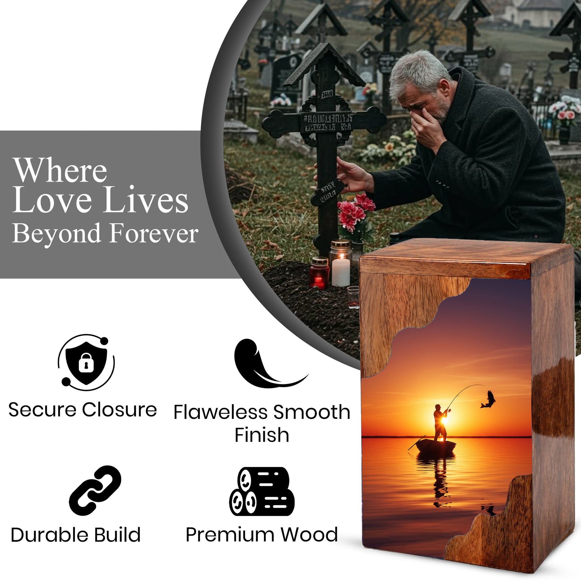 Fishing Cremation Urn for Dad – Custom Wooden Memorial Urn Box for Ashe