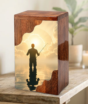 Fishing in Heaven Wooden Cremation Urn – Peaceful Lake Memorial Wooden Urn for Human Ashes