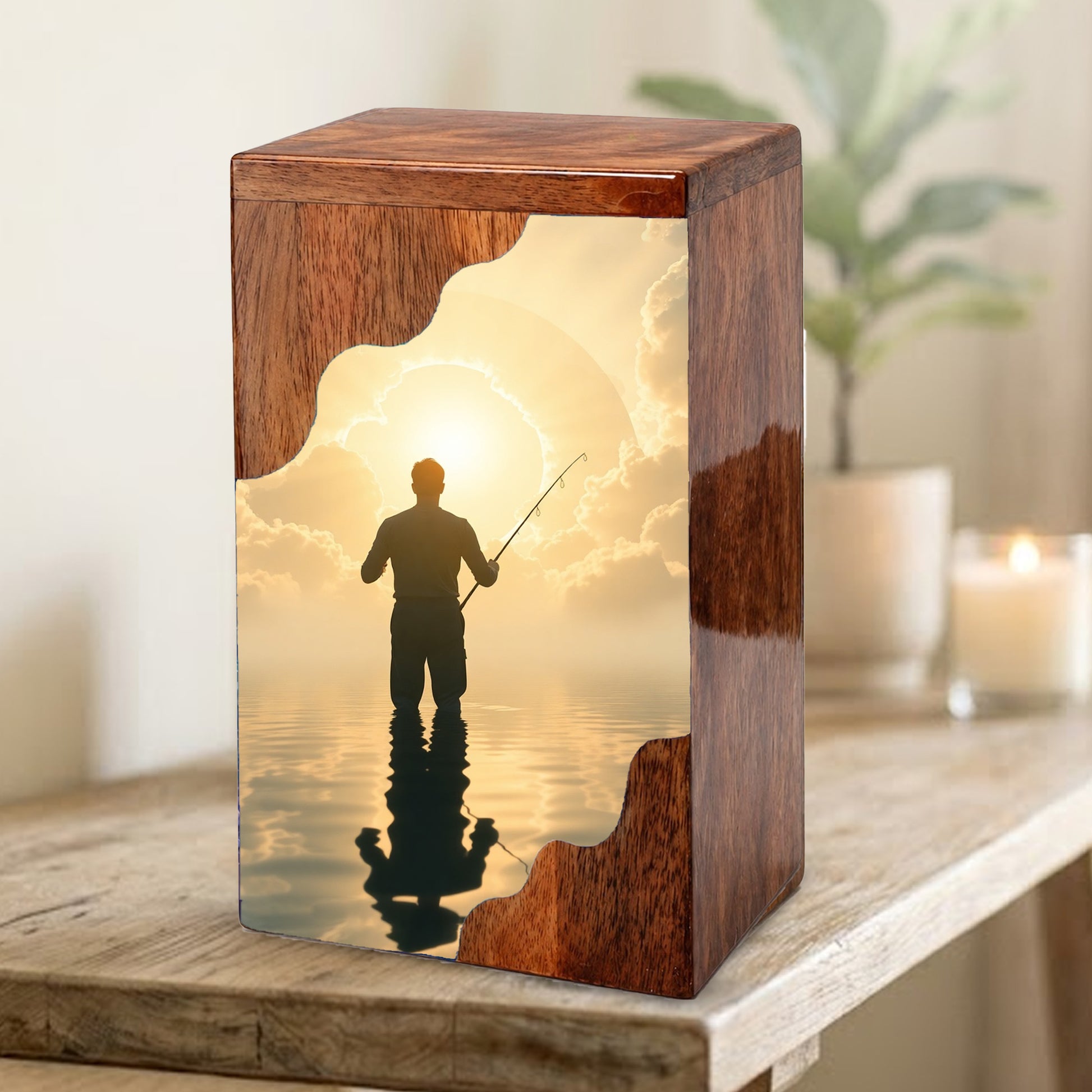 Fishing in Heaven Wooden Cremation Urn – Peaceful Lake Memorial Wooden Urn for Human Ashes