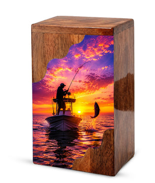 Sunset Fishing Wooden Cremation Urn – Personalized Memorial Urn for Human Ashes