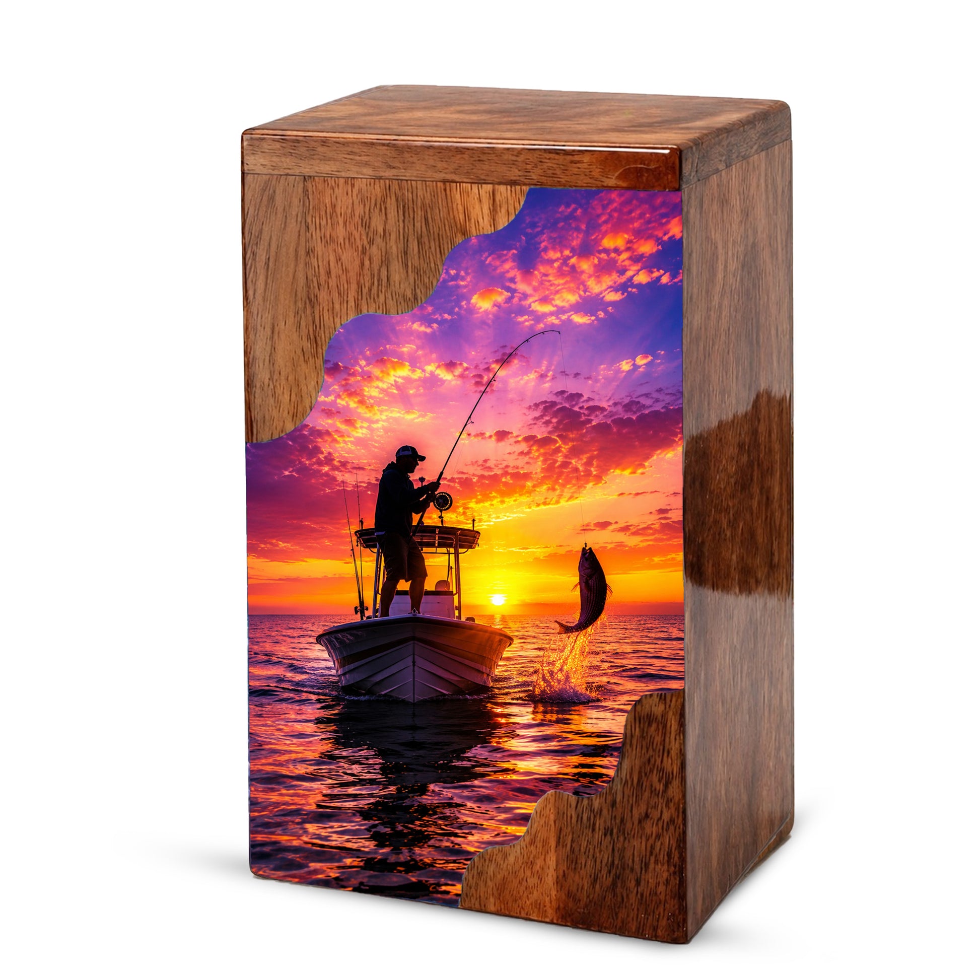 Sunset Fishing Wooden Cremation Urn – Personalized Memorial Urn for Human Ashes