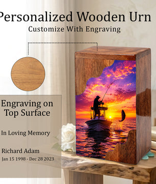 Sunset Fishing Wooden Cremation Urn – Personalized Memorial Urn for Human Ashes