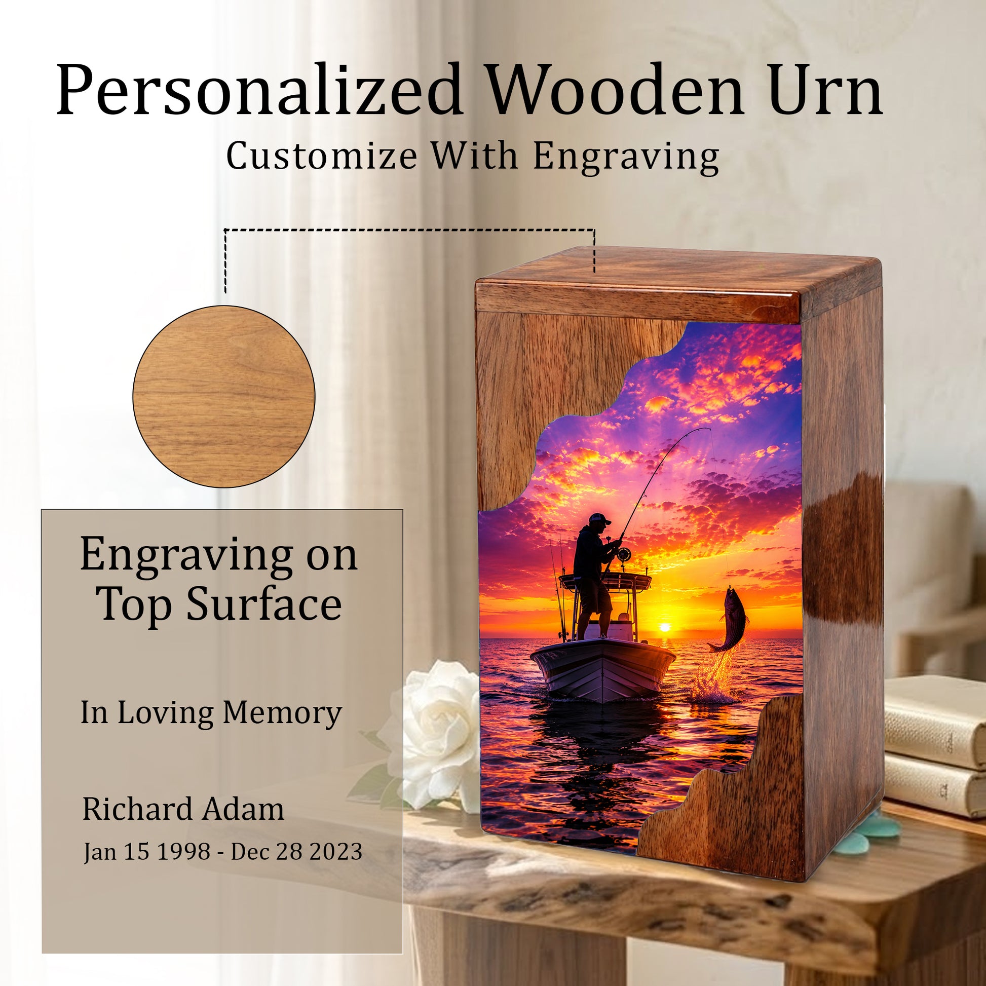Sunset Fishing Wooden Cremation Urn – Personalized Memorial Urn for Human Ashes