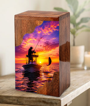 Sunset Fishing Wooden Cremation Urn – Personalized Memorial Urn for Human Ashes