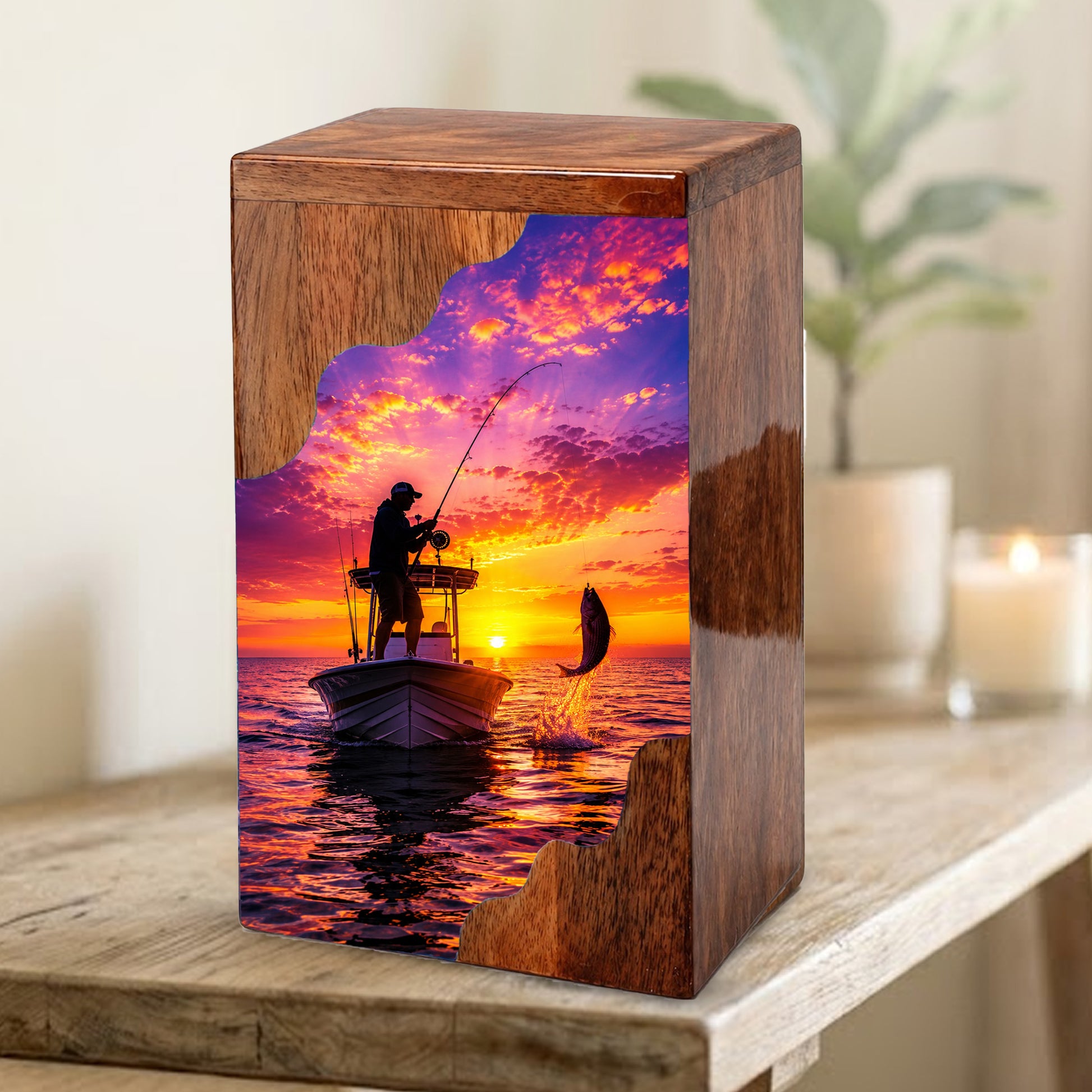 Sunset Fishing Wooden Cremation Urn – Personalized Memorial Urn for Human Ashes