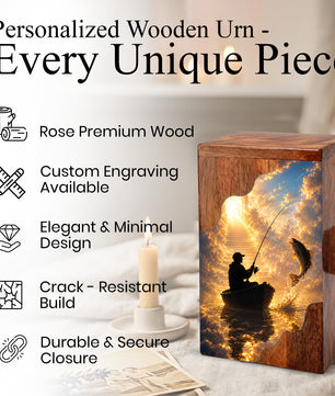 Fishing in Heaven Wooden Cremation Urn – Personalized Memorial Urn for Human Ashes