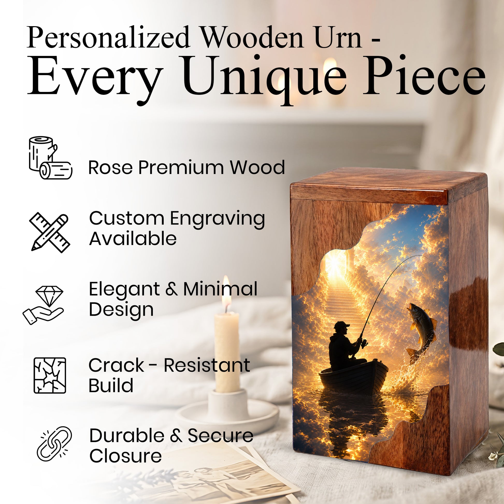 Fishing in Heaven Wooden Cremation Urn – Personalized Memorial Urn for Human Ashes