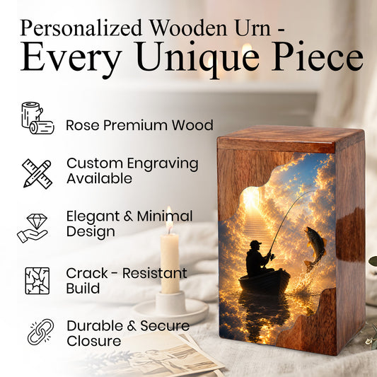 Fishing in Heaven Wooden Cremation Urn – Personalized Memorial Urn for Human Ashes