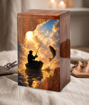 Fishing in Heaven Wooden Cremation Urn – Personalized Memorial Urn for Human Ashes