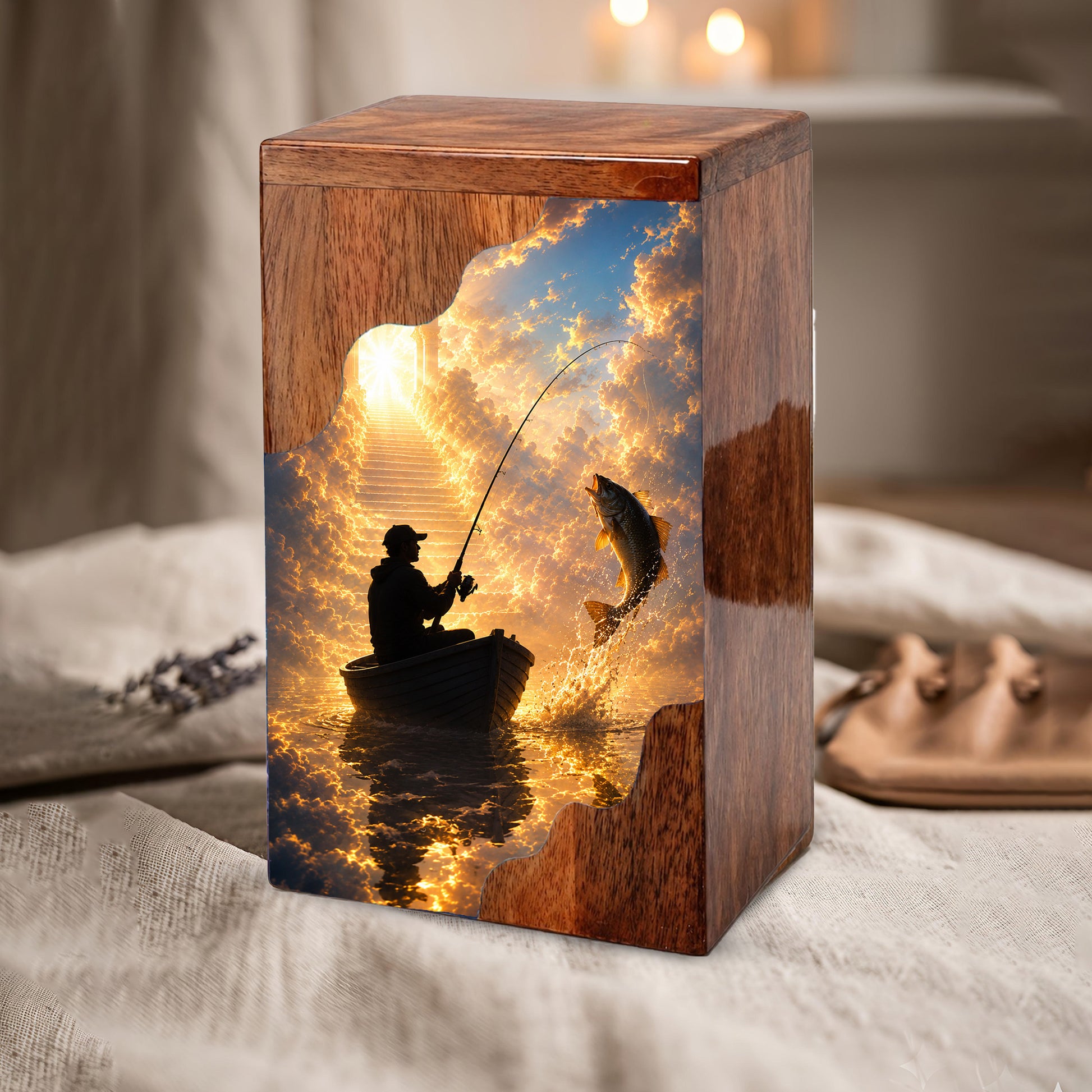 Fishing in Heaven Wooden Cremation Urn – Personalized Memorial Urn for Human Ashes