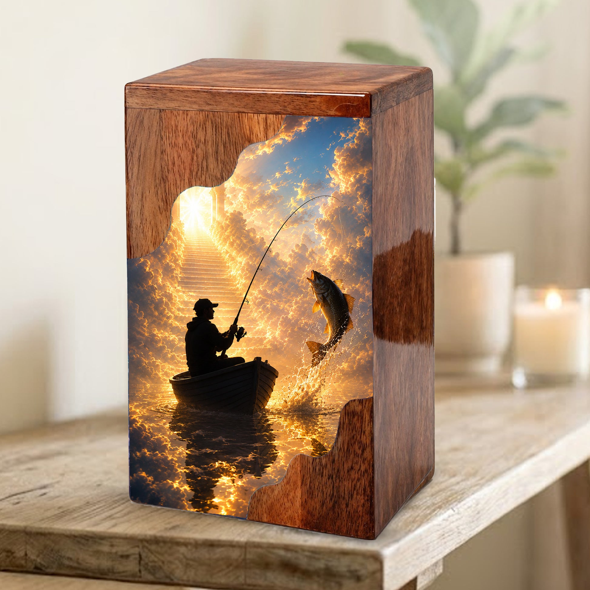 Fishing in Heaven Wooden Cremation Urn – Personalized Memorial Urn for Human Ashes