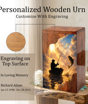 Fishing in Heaven Wooden Cremation Urn – Personalized Memorial Urn for Human Ashes