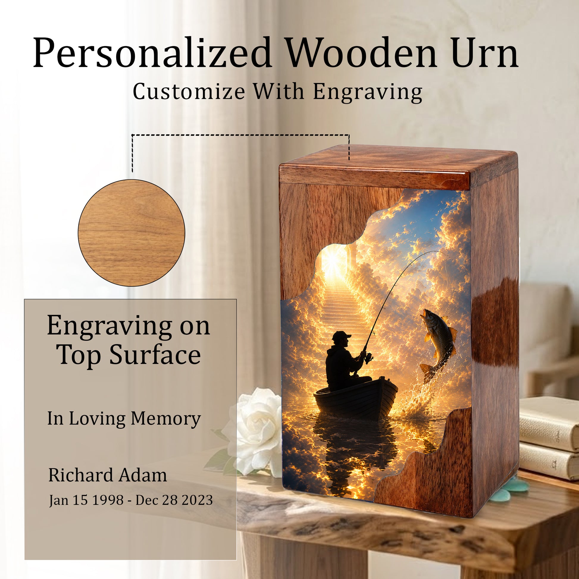 Fishing in Heaven Wooden Cremation Urn – Personalized Memorial Urn for Human Ashes