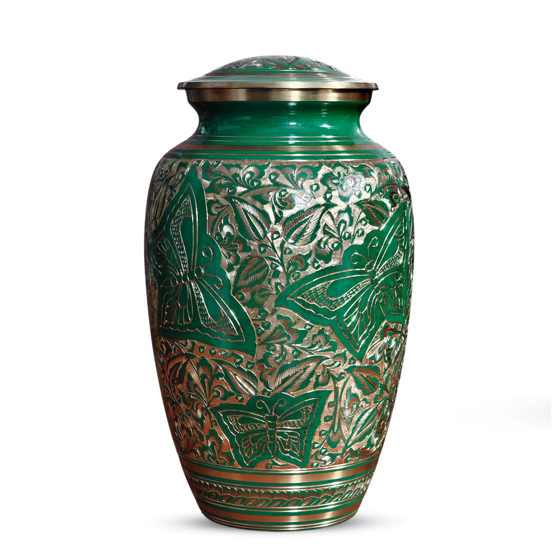 Green Butterfly Burial Urn For Human Ashes - Engraved Burial Brass Urns