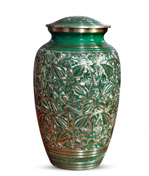 Green Burial Urn For Human Ashes - Hand Engraved Floral Brass Urns (200 CU)