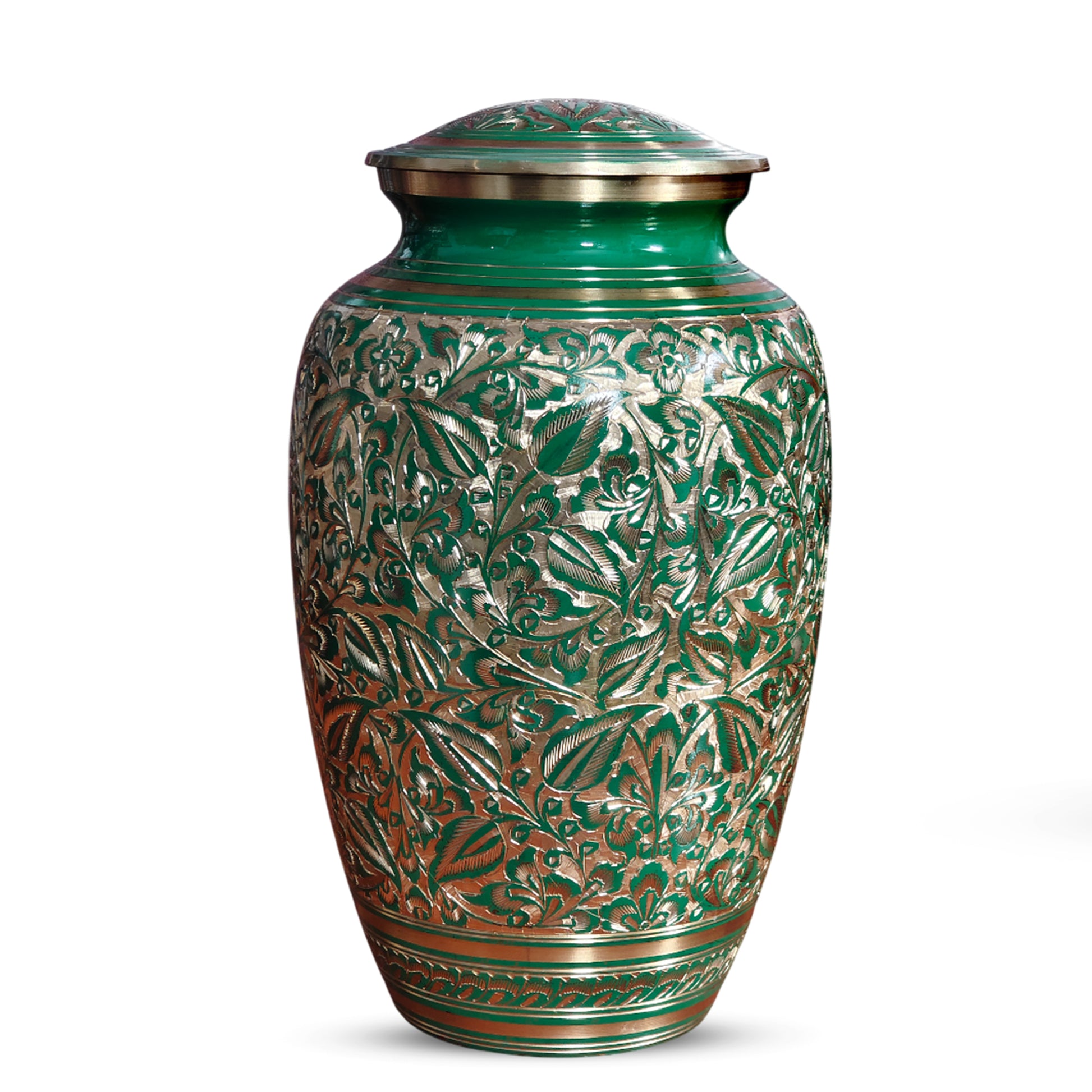 Green Burial Urn For Human Ashes - Hand Engraved Floral Brass Urns (200 CU)
