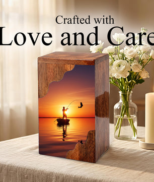 Fishing Cremation Urn for Dad – Custom Wooden Memorial Urn Box for Ashe