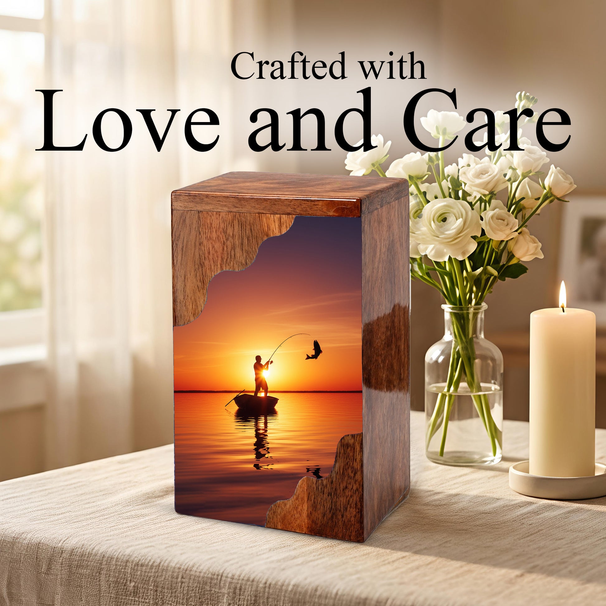 Fishing Cremation Urn for Dad – Custom Wooden Memorial Urn Box for Ashe
