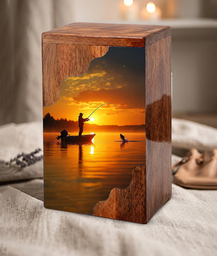Fishing Cremation Urn – Custom Wooden Urn for Dad, Gone Fishing Memorial Urn for Ashes