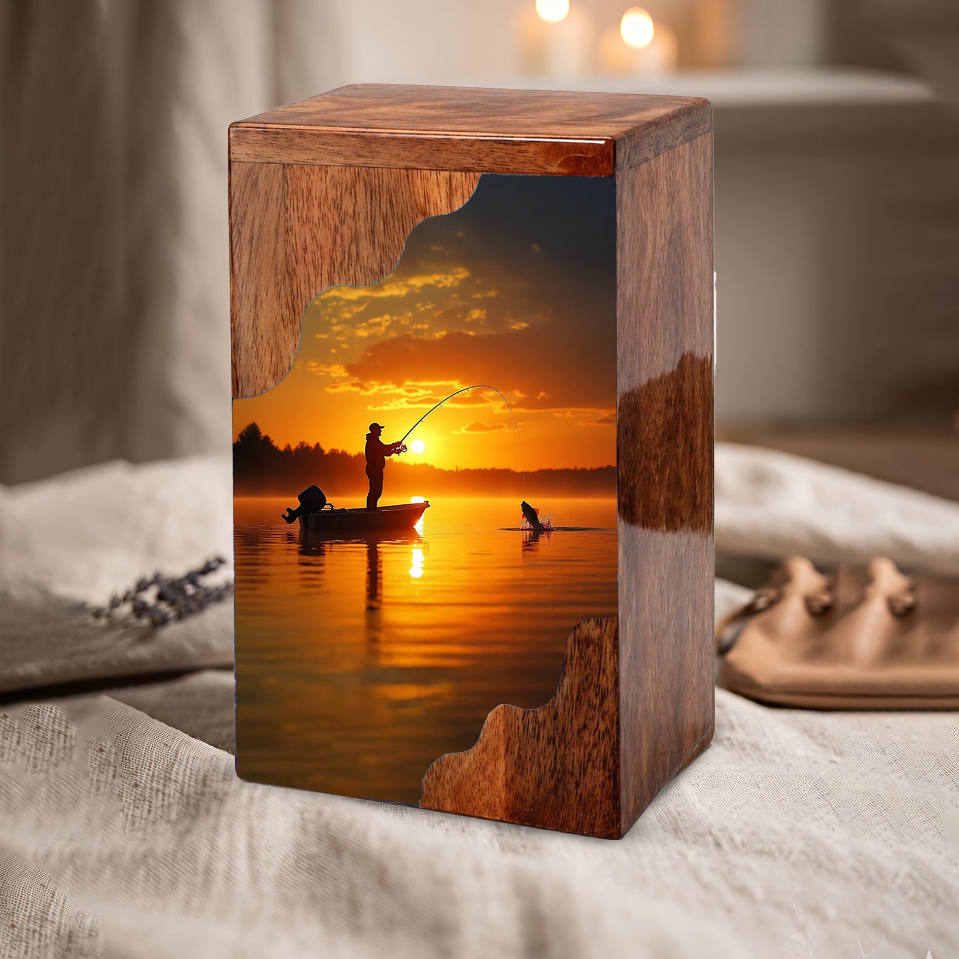 Fishing Cremation Urn – Custom Wooden Urn for Dad, Gone Fishing Memorial Urn for Ashes
