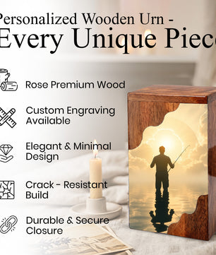 Fishing in Heaven Wooden Cremation Urn – Peaceful Lake Memorial Wooden Urn for Human Ashes