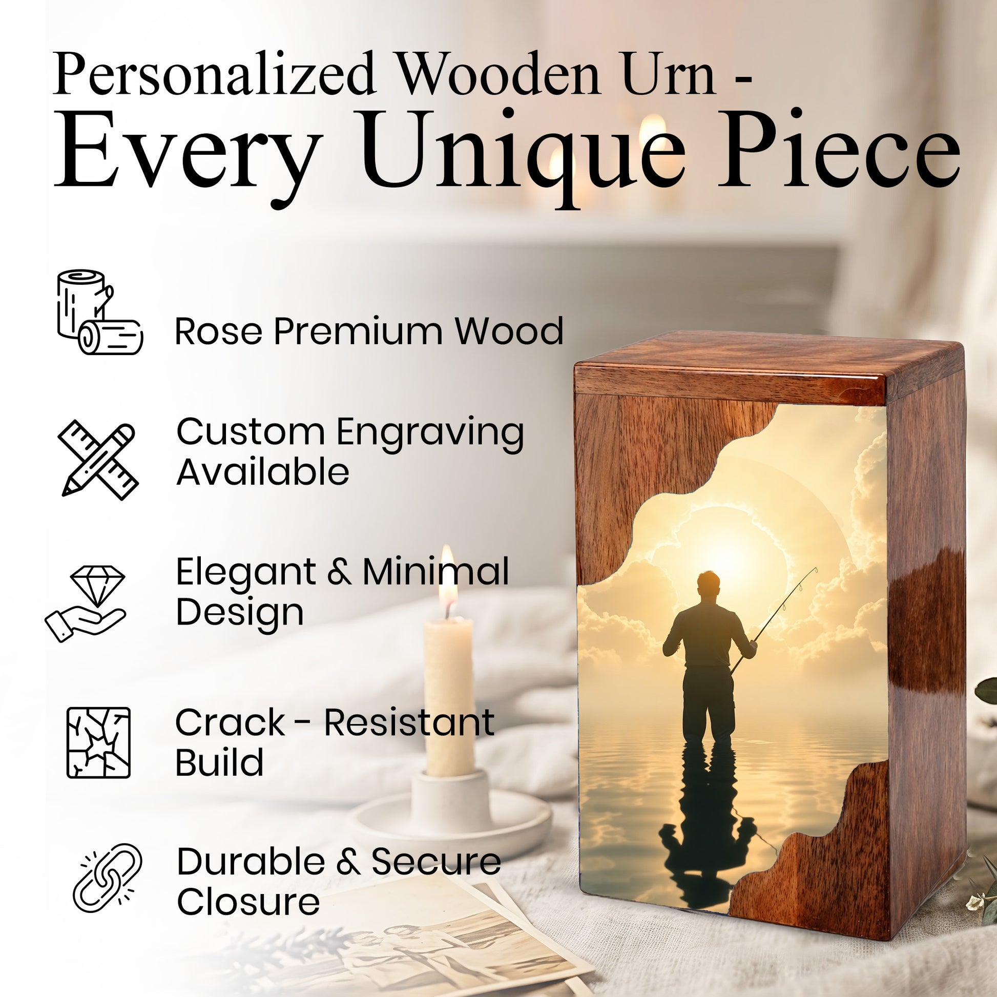 Fishing in Heaven Wooden Cremation Urn – Peaceful Lake Memorial Wooden Urn for Human Ashes