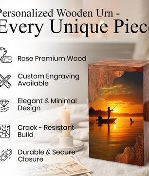 Fishing Cremation Urn – Custom Wooden Urn for Dad, Gone Fishing Memorial Urn for Ashes