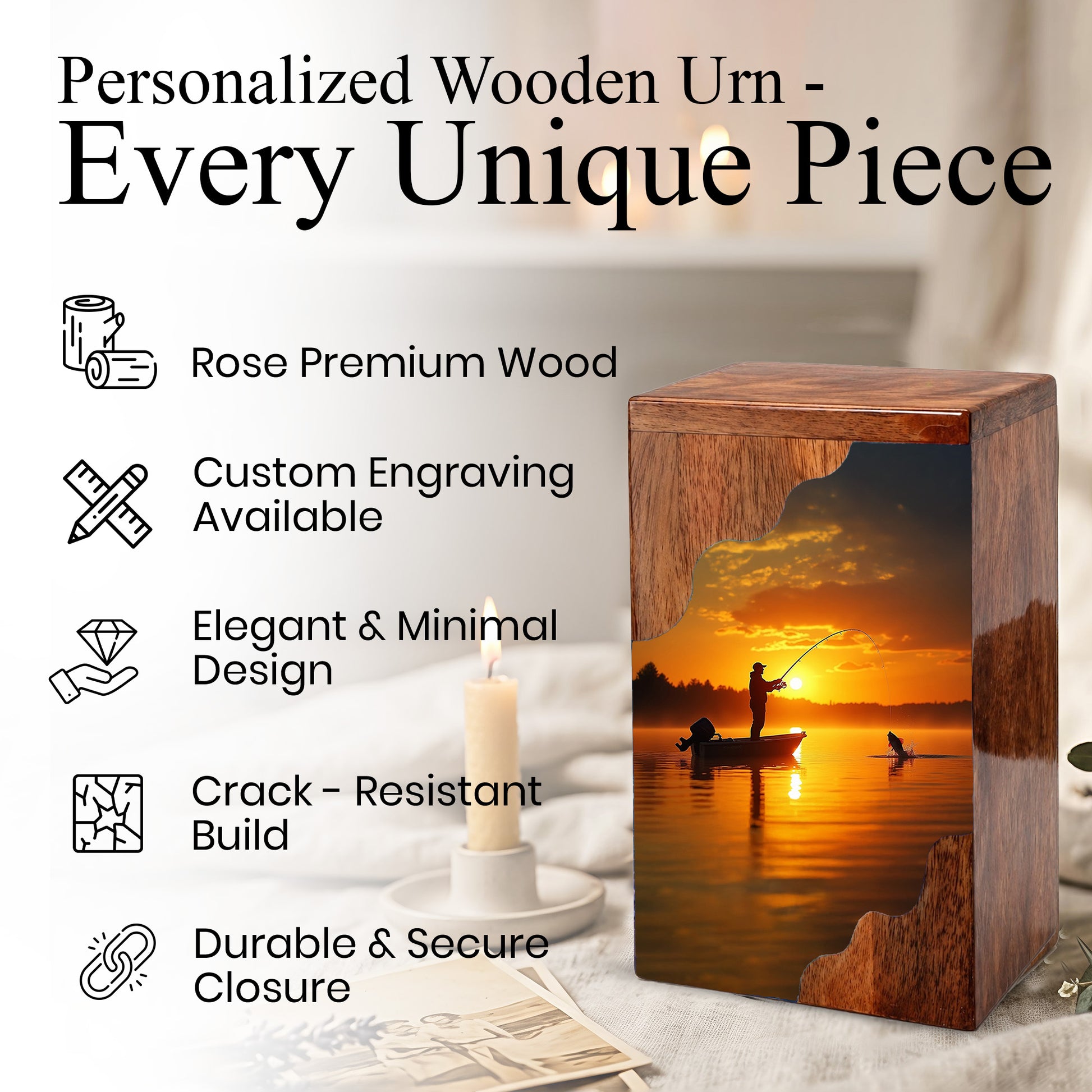 Fishing Cremation Urn – Custom Wooden Urn for Dad, Gone Fishing Memorial Urn for Ashes