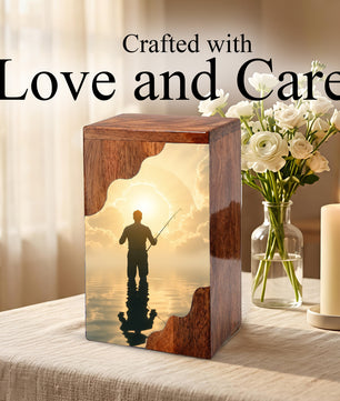Fishing in Heaven Wooden Cremation Urn – Peaceful Lake Memorial Wooden Urn for Human Ashes