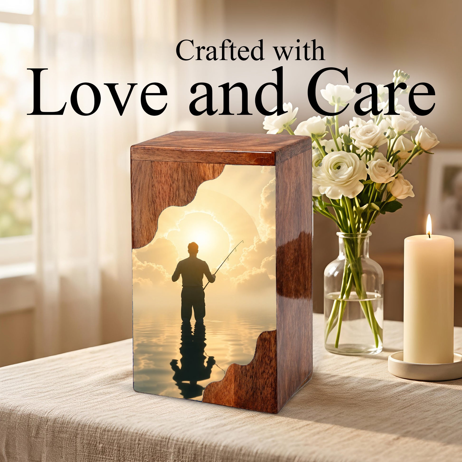Fishing in Heaven Wooden Cremation Urn – Peaceful Lake Memorial Wooden Urn for Human Ashes