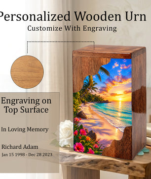 Tropical Beach Wooden Cremation Urn – Sunset Ocean Memorial Urn with Island Paradise Artwork