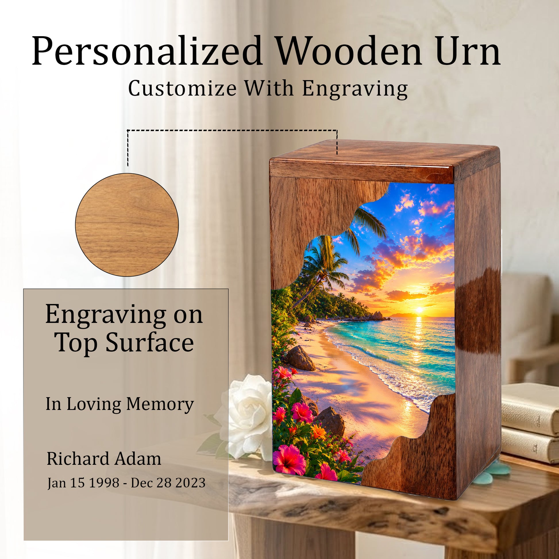 Tropical Beach Wooden Cremation Urn – Sunset Ocean Memorial Urn with Island Paradise Artwork
