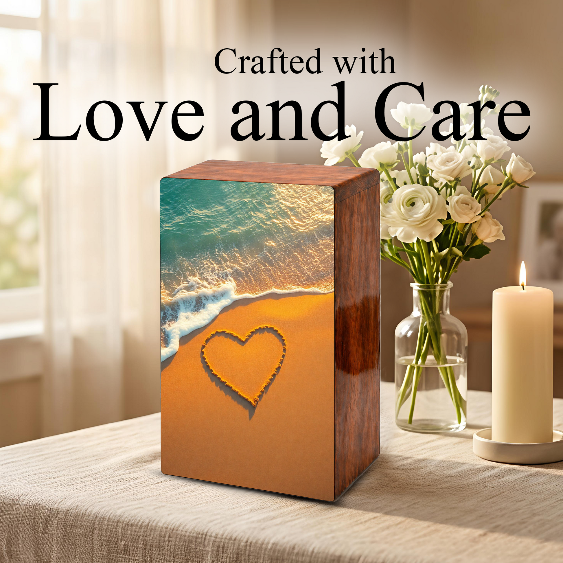 Ocean Beach Urn Wooden – Heart Coastal Memorial Urn for Human Ashes