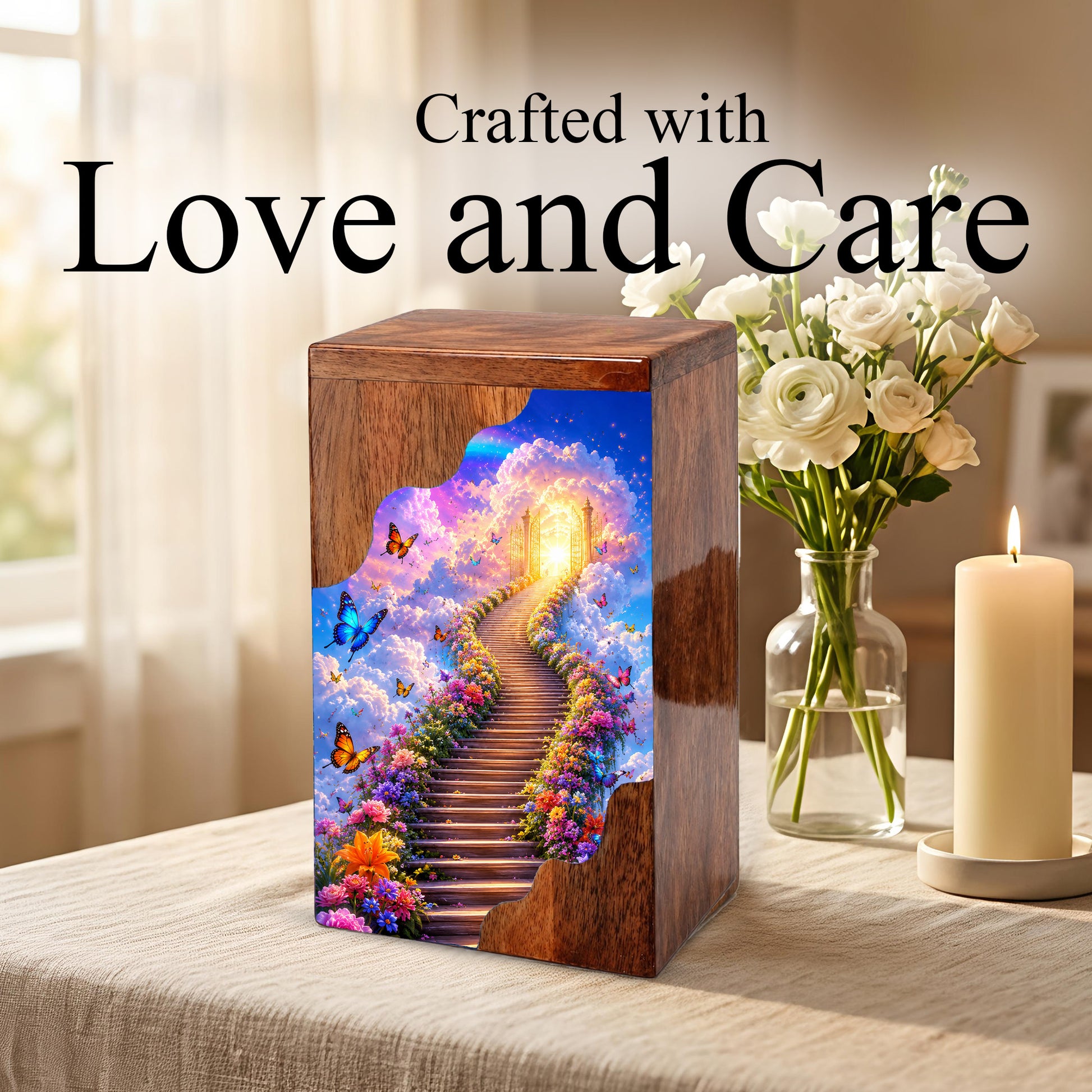 Heavenly Garden Wooden Cremation Urn – Personalized Memorial Urn for Human Ashes | Stairway to Heaven Memorial Urn