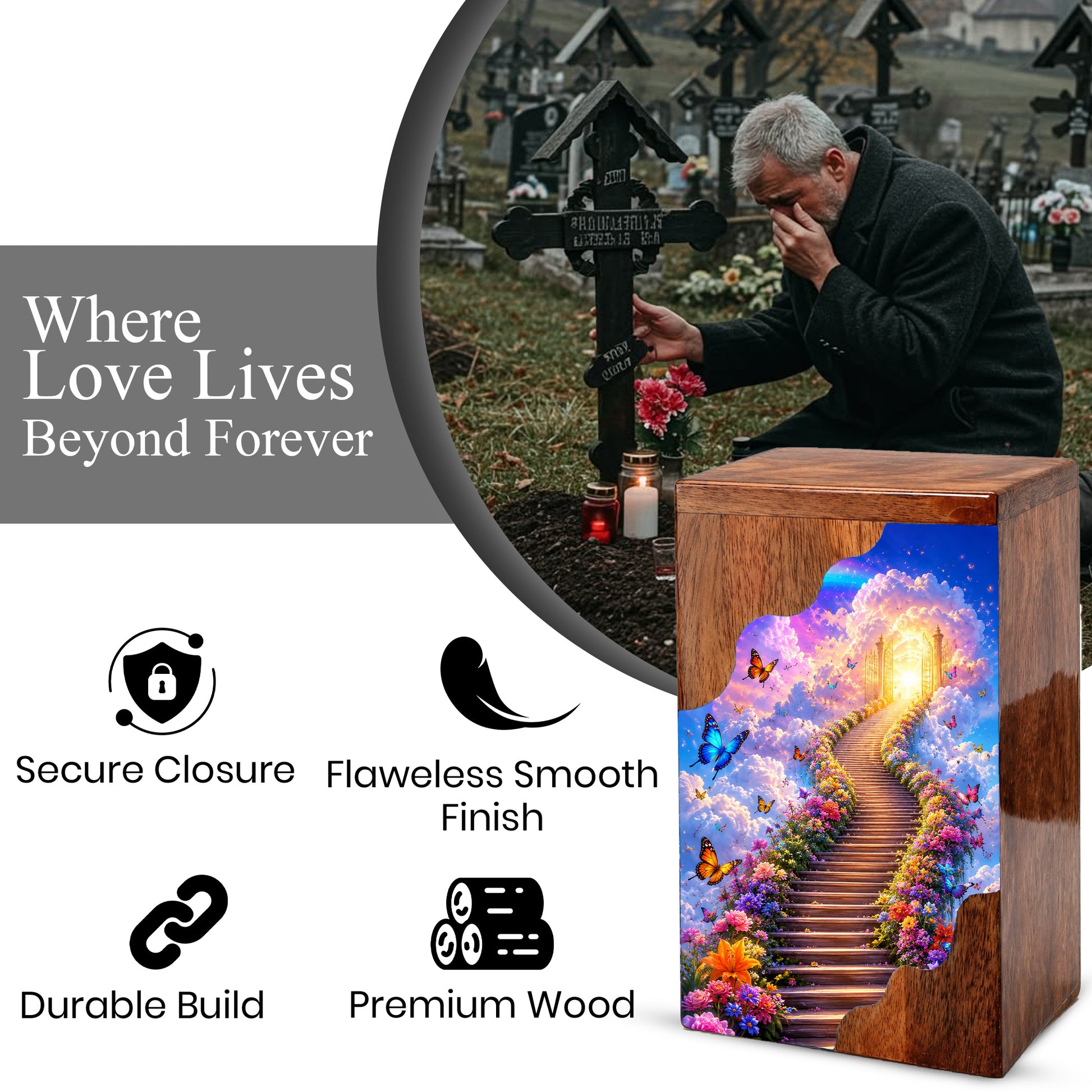 Heavenly Garden Wooden Cremation Urn – Personalized Memorial Urn for Human Ashes | Stairway to Heaven Memorial Urn