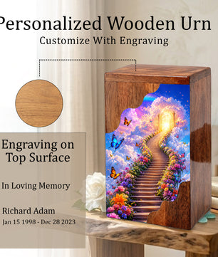 Heavenly Garden Wooden Cremation Urn – Personalized Memorial Urn for Human Ashes | Stairway to Heaven Memorial Urn