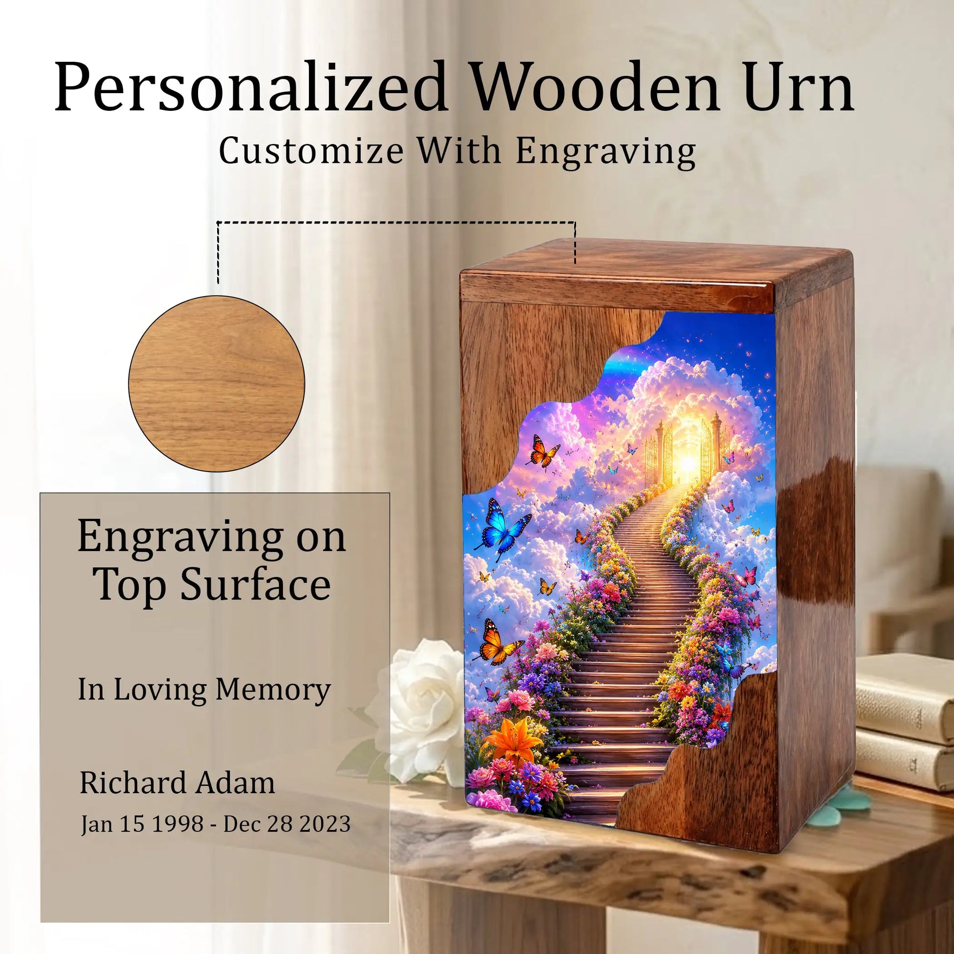Heavenly Garden Wooden Cremation Urn – Personalized Memorial Urn for Human Ashes | Stairway to Heaven Memorial Urn