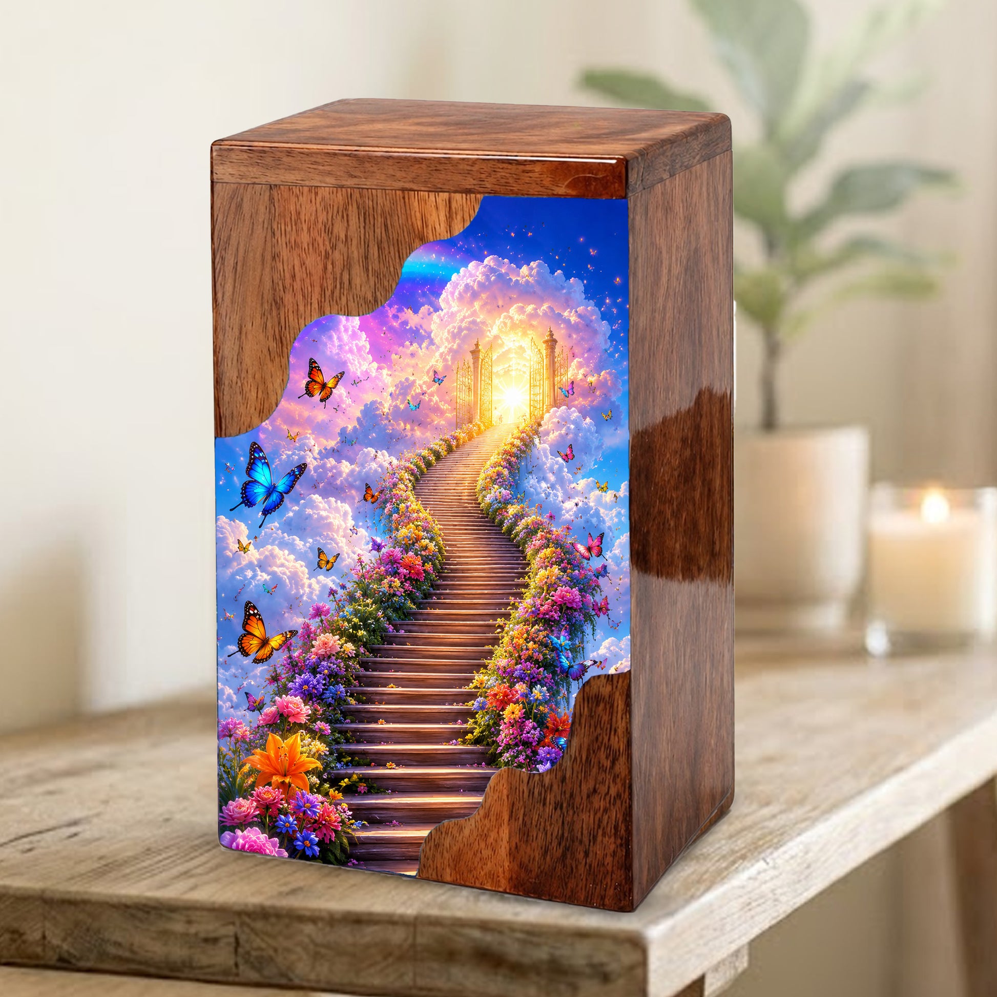 Heavenly Garden Wooden Cremation Urn – Personalized Memorial Urn for Human Ashes | Stairway to Heaven Memorial Urn
